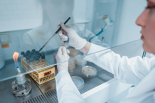 hand of scientist holding flask and pouring sample to test tube in chemical laboratory background, science laboratory research and development concept