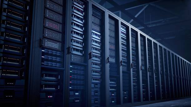 konsep teknologi 6g - data center dan memotret beberapa baris rak server yang beroperasi penuh di ruang server - konsep keamanan jaringan komputer - alamat web foto potret stok, foto, & gambar bebas royalti