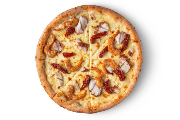 Pizza with shrimps, cheese, pepper and eel on a white background