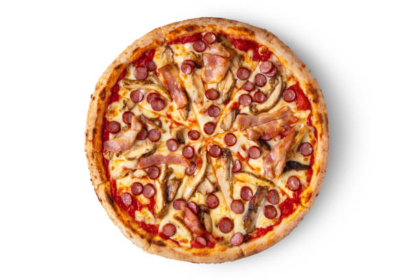 istock Pizza with bacon, cheese, ketchup, ham and sausages on a white background 1485070953