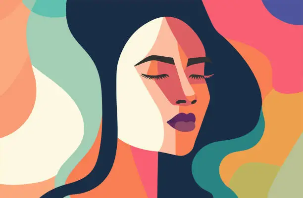 Vector illustration of Abstract woman face collage in modern vector art design. Feminine abstraction poster in colorful pallette. Creative geometric female pattern in cubism style.