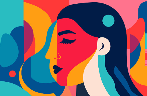 Abstract woman face collage in modern vector art design. Feminine abstraction poster in colorful pallette. Creative geometric female pattern in cubism style.