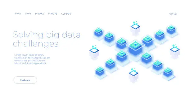 Vector illustration of Big data technology in isometric vector illustration. Information storage and analysis system. Digital technology website landing page template