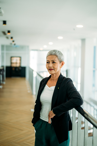 Confident stylish Asian mature middle aged woman standing at modern workplace. Stylish older senior businesswoman, 60s gray-white haired lady executive leader manager looking away camera in office, portrait.