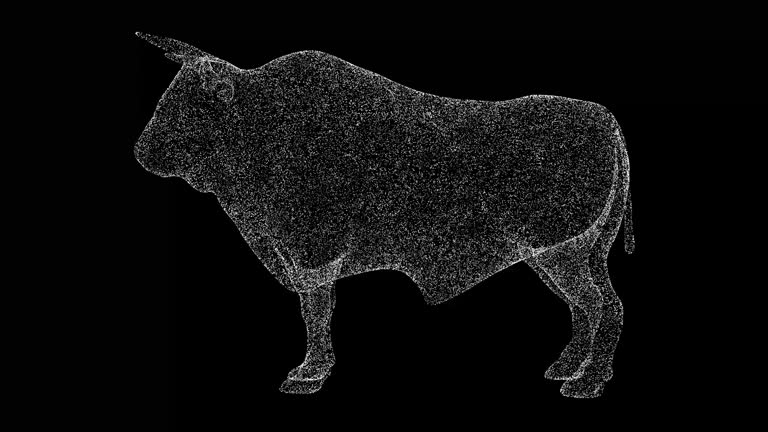 3D bull rotates on black bg. Object dissolved white flickering particles 60 FPS. Business advertising backdrop. Science concept. For title, text, presentation. 3D animation.