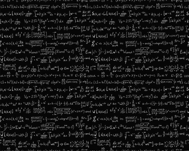 Seamless pattern mathematical and algebraic formulas Seamless pattern mathematical and algebraic formulas and equations. Isolated on black background. Vector illustration. integral stock illustrations