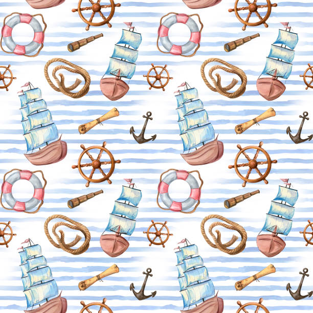 Seamless watercolor pattern with the image of the sea, yachts, ships, dolphins on a white background. Cruise. summer, sea pattern with seagulls Seamless watercolor pattern with the image of the sea, yachts, ships, dolphins on a white background. Cruise. summer, sea pattern with seagulls sail boat clipart pictures stock illustrations