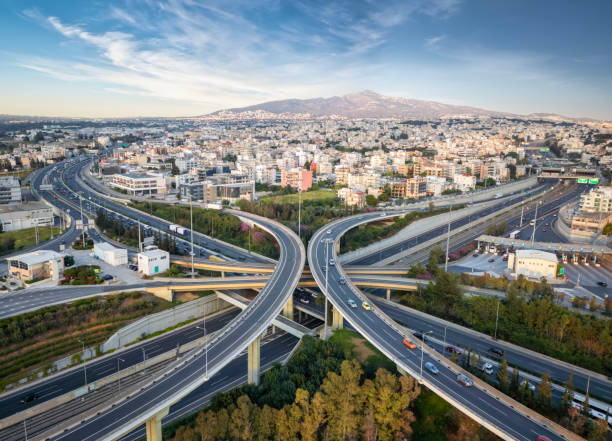 istock Aerial panoramic view of multilevel junction highway road interchange section 1485083022