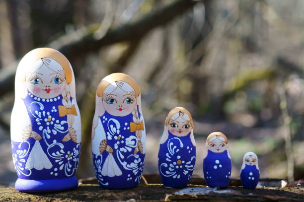 istock Matryoshka dolls decorated with patterns stand in a row 1485086792