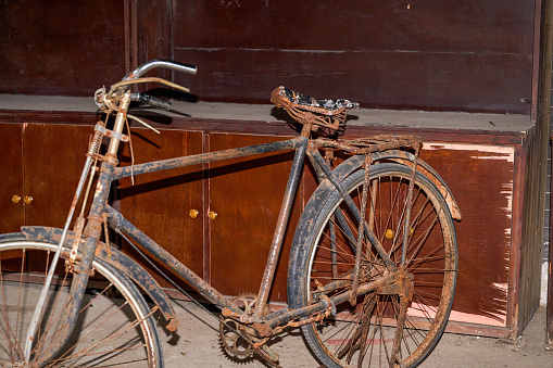 Painted, Colored and Old Bicycle. Rusty Chain, Blue Wheel, Design Bike