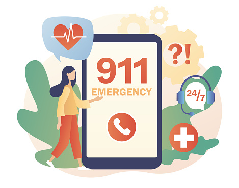 911 emergency call in smartphone app. Assistant manager online. Ambulance service. Hotline call center. Modern flat cartoon style. Vector illustration