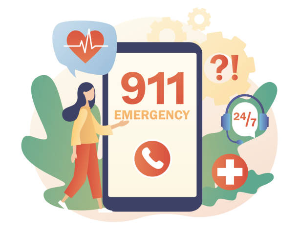 911 emergency call in smartphone app. Assistant manager online. Ambulance service. Hotline call center. Modern flat cartoon style. Vector illustration on white background 911 emergency call in smartphone app. Assistant manager online. Ambulance service. Hotline call center. Modern flat cartoon style. Vector illustration 999 call center stock illustrations