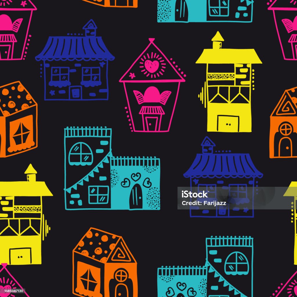 Fun House Pattern Hand Drawn Multicolor Fun Houses Vector Seamless Pattern Stock ...
