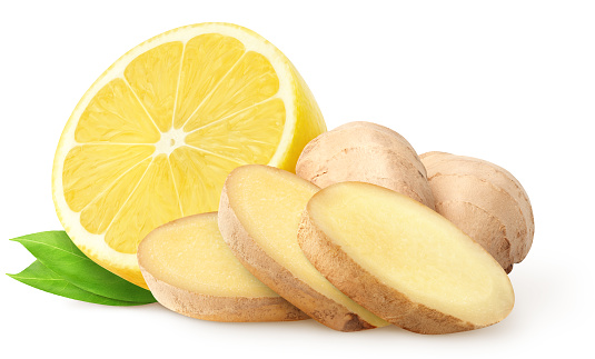 Raw ginger root with slices and half of lemon fruit isolated on white background with clipping path