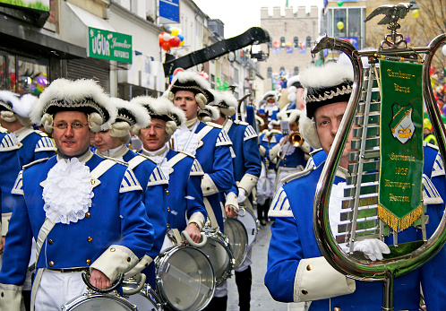Unidentified musicians in the Carnival parade on in Cologne, Germany. This parade is organized yearly.
