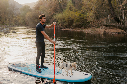 Photo of a man paddleboarding on the river with his dog