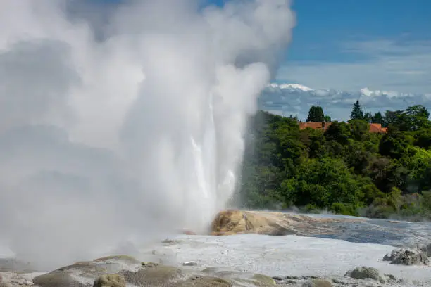 Photo of Pohutu Geyser in the Whakarewarewa Thermal Valley, Rotorua, in the North Island of New Zealand. The geyser is the largest in the southern hemisphere and among the most active in the area