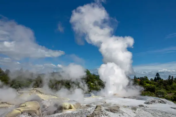 Photo of Pohutu Geyser in the Whakarewarewa Thermal Valley, Rotorua, in the North Island of New Zealand. The geyser is the largest in the southern hemisphere and among the most active in the area