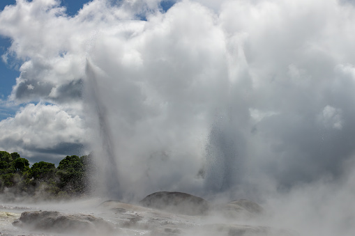Pohutu Geyser in the Whakarewarewa Thermal Valley, Rotorua, in the North Island of New Zealand. The geyser is the largest in the southern hemisphere and among the most active in the area