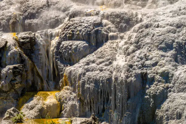 Photo of Fascinating sulphur rock formations, Pohutu Geyser, Whakarewarewa Thermal Valley, Rotorua, in the North Island of New Zealand.