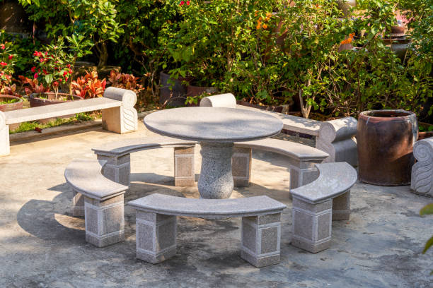 Close-up of stone table and stools in the park