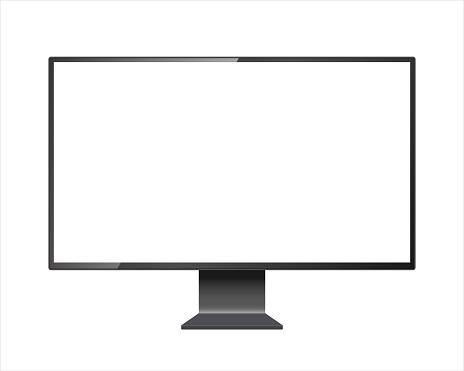 Computer monitor vector mockup. Pc template with blank screen. Desktop isolated on white background.