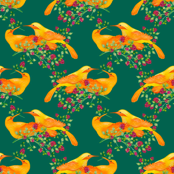 Seamless pattern with yellow orioles among flowering plants on a green background. Seamless pattern with yellow orioles among flowering plants on a green background. фантазия stock illustrations