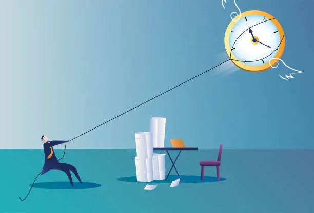 Vector illustration of Business man dragging the clock with a rope to make time stop