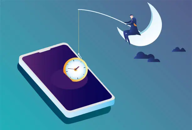 Vector illustration of a business man sits on the moon and fishes out the clock from his mobile phone