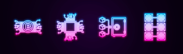 Set line Cryptocurrency bitcoin in circuit, Processor, Proof of stake and Mining farm. Glowing neon icon. Vector.