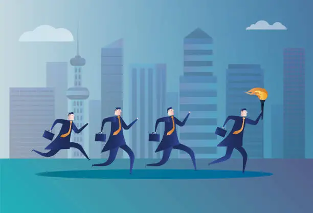 Vector illustration of people run after the business man with the torch