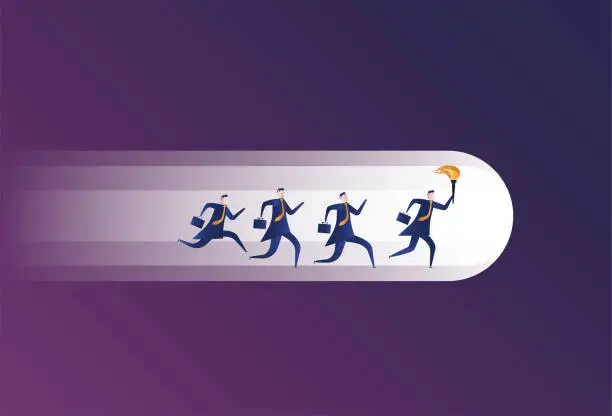 Vector illustration of people run in the dark following a business man with a torch