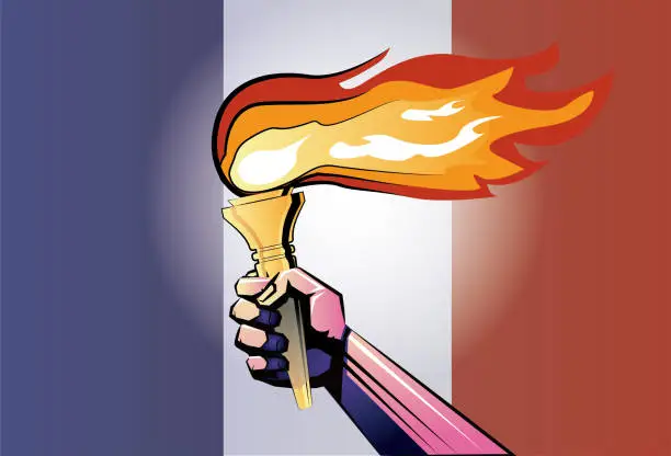 Vector illustration of the torchbearer and the French flag