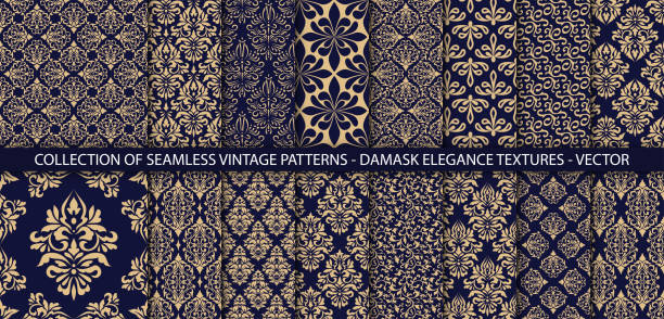 Set of ornate vector ornamenal patterns. Vintage classic backgrounds collection. 16 damask textures in gold and dark blue colors. Perfect for invitations or announcements. Set of ornate vector ornamenal patterns. Vintage classic backgrounds collection. 16 damask textures in gold and dark blue colors. Perfect for invitations or announcements. classical style stock illustrations