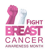 istock Poster with hands fist protesting. Breast Cancer Awareness Month. Banner illustration. 1485097812