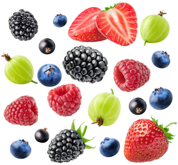 isolated mixed fresh berries. a group of strawberry, blackberry, blueberry, gooseberry, raspberry and currants isolated on white background with clipping path - blackberry currant strawberry antioxidant imagens e fotografias de stock