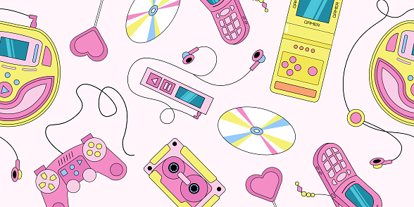 Vector Y2K horizontal seamless pattern with retro objects in cartoon style.