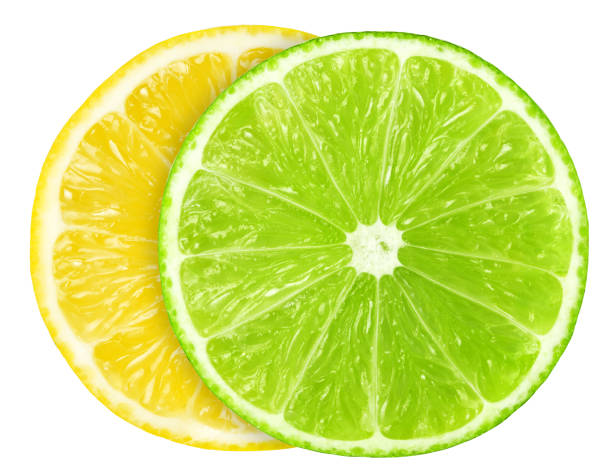 istock Juicy slice of lime and lemon isolated on white, with clipping path 1485101110