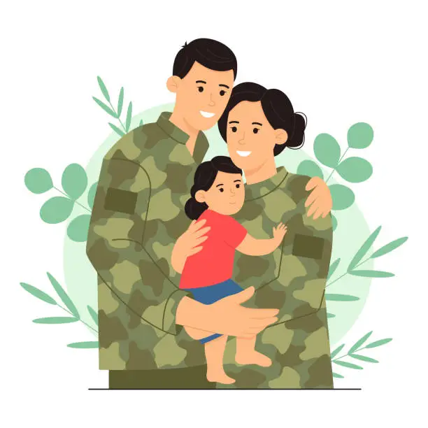 Vector illustration of Happy family. Man and a woman hold their child in their arms. Woman and a man in military uniform. A family of military personnel. Vector illustration