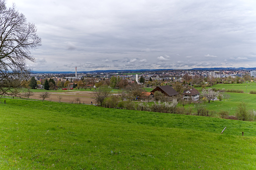 Beautiful agriculture landscape with trees in bloom at City of Zürich district Schwamendingen on a cloudy spring day. Photo taken April 7th, 2023, Zurich, Switzerland.