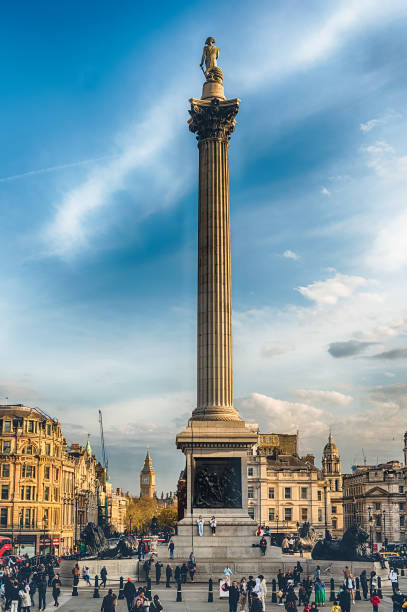 LONDON - APRIL 11, 2022: Nelson's Column, iconic monument in Trafalgar Square, London, England, UK