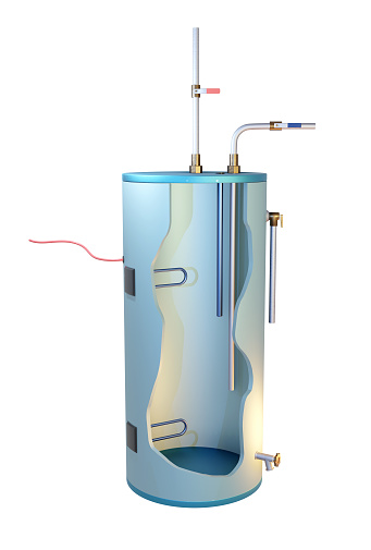 Electric water heating system diagram. Digital illustration, 3D render.