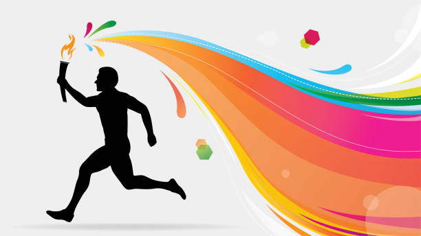 ilustrações de stock, clip art, desenhos animados e ícones de runner carrying a torch and a colourful rainbow emerges from the fire of his torch - flaming torch fire flame sport torch