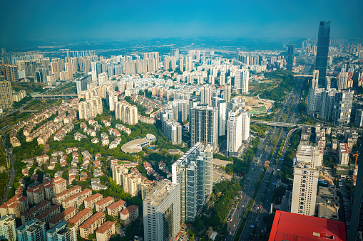 View of urban high-rise buildings in Nanning, Guangxi, China from above