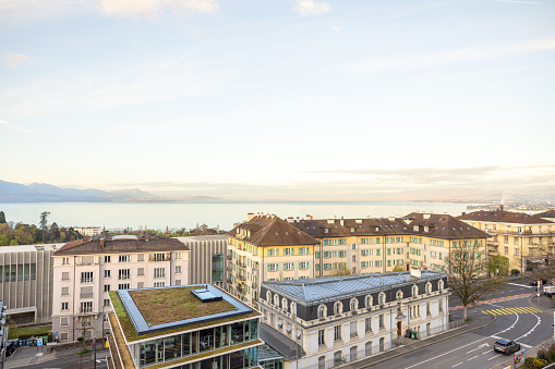 High angle view of Lausanne on top of the roofs, Switzerland