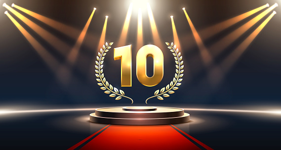 Top 10 best podium award sign, golden object. Vector illustration