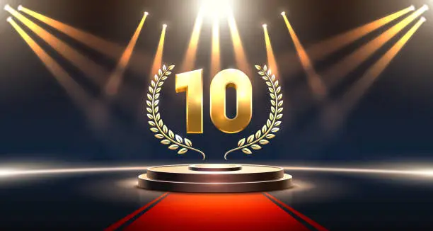 Vector illustration of Top 10 best podium award sign, golden object. Vector