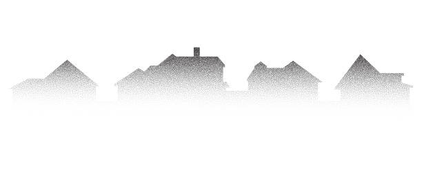 istock Neighborhood houses stipple panoramic landscape. Buildings drawing silhouette with dotted gradient. Minimalistic vector illustration. 1485109136