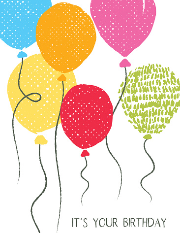 A cute doodle style balloon birthday card or invitation template on a transparent background.