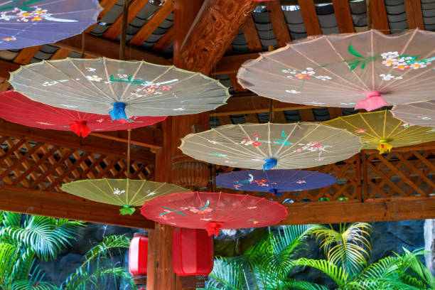 istock Silk umbrella hanging in a Chinese pavilion 1485110993